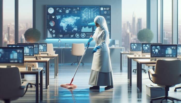 A professional cleaner sanitising a modern office, emphasizing hygiene and cleanliness.