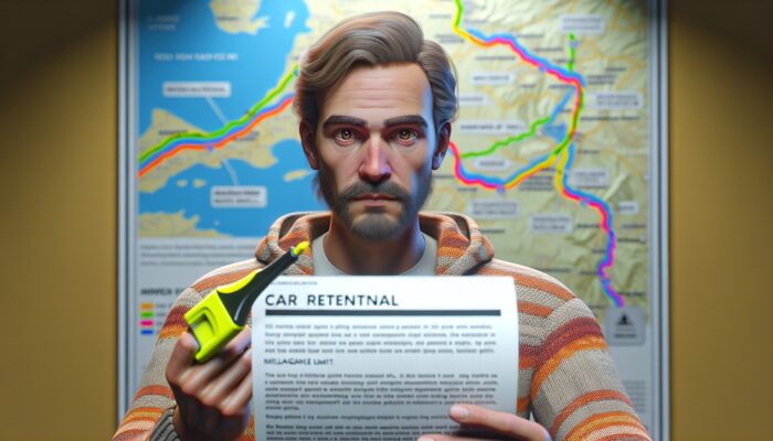 A traveller reviewing a car rental agreement, concerned about mileage limits, with a road trip map in the background.