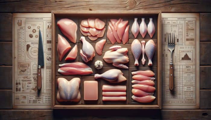 How to Grill Chicken Without Drying It: Fresh chicken cuts on a rustic wooden table, showcasing light pink breasts and deeper shaded thighs and wings.