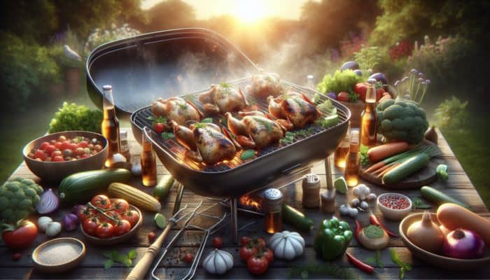 Organic and free-range chickens grilling with herbs and vegetables, showcasing ethical and delicious eating.