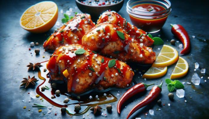 Marinated chicken thighs in barbecue sauce, citrus, and southwestern spices, primed for grilling.