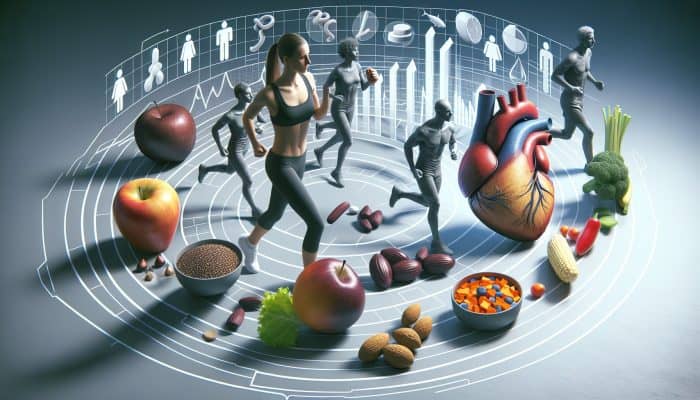 Infographic illustrating the impact of diet and exercise on cholesterol, showcasing fats, fiber, and physical activities.