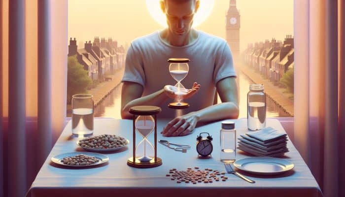 Individual in Cannock fasting 9-12 hours for cholesterol test, drinking water, morning setting with clock and blood vial.
