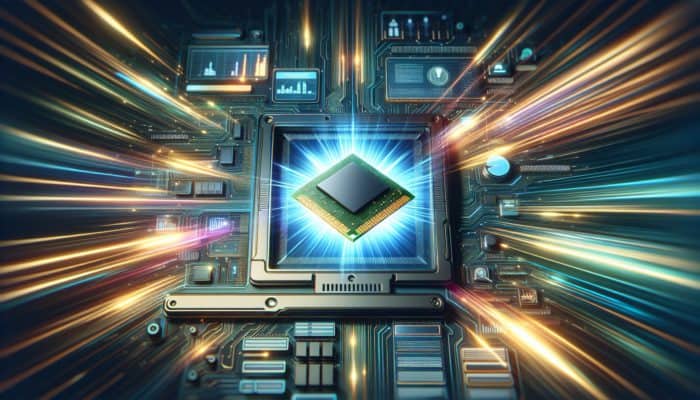 Futuristic interface depicting browser caching icons, central glowing RAM chip, and accelerating data streams.