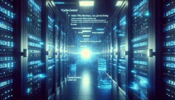 A server room displaying 'Cache-Control' headers, showing static files cached for a year to enhance loading times.
