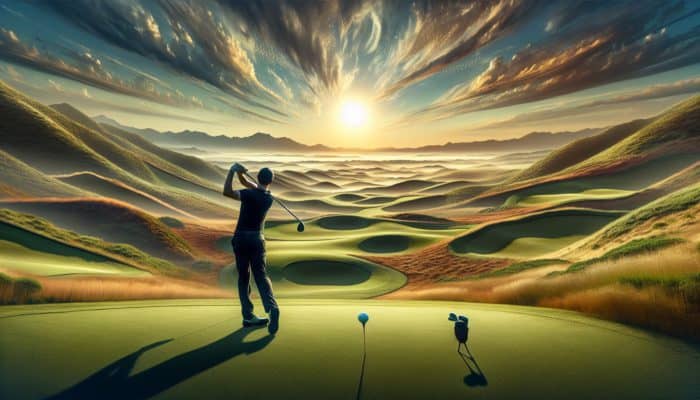 Golfer at Fancourt, South Africa, demonstrating a wide stance on undulating fairways for enhanced stability and control.
