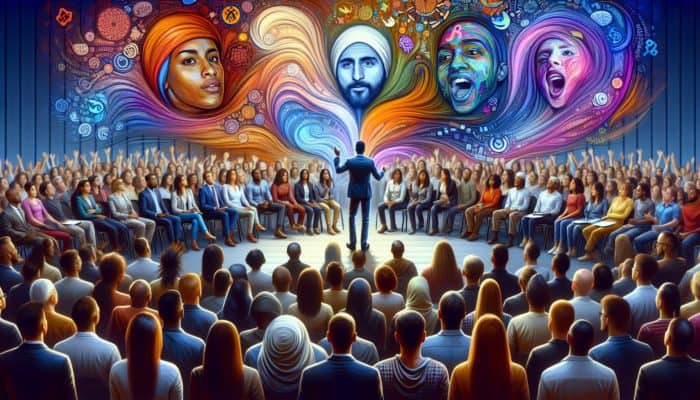 A diverse audience captivated by a storyteller weaving an enchanting narrative, surrounded by vibrant visuals.