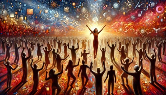 An individual transformed by charitable support, moving from struggle to joy, with symbols of hope and community backing.