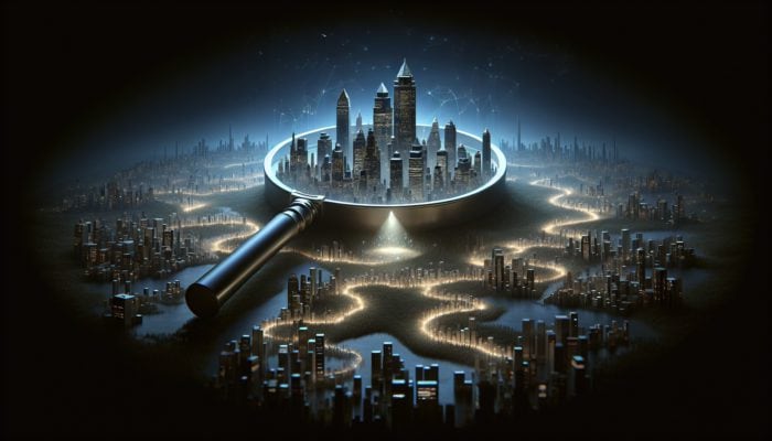 A digital landscape with a magnifying glass highlighting content gaps, skyscrapers representing competitors, and a pathway illuminated by expert insights leading to success.