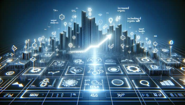 A futuristic digital landscape with a rising graph, expert analysis tools, and a glowing path symbolising SEO growth and competitive advantage.