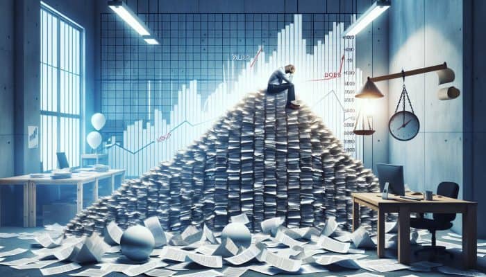 How Rising Rates Affect Debt Consolidation: A Guide | DCL Individual feeling overwhelmed by rising debt, surrounded by bills and a graph depicting soaring DTI ratios in a cluttered office.
