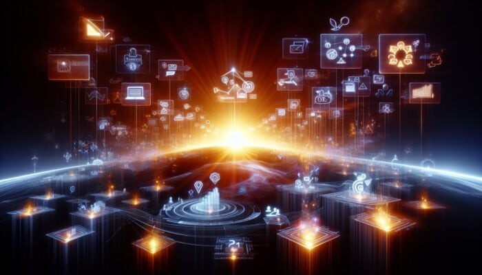 Icons representing e-commerce websites, SEO graphs, and glowing customer testimonials rising, symbolising SEO improvement.