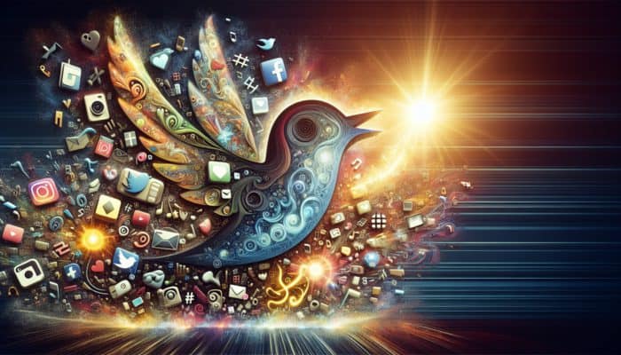A vibrant collage of social media icons and illuminated '#' symbols illustrating hashtag trends.