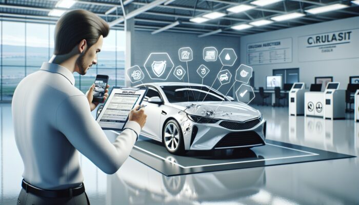 Individual inspecting rental car, documenting damages, equipped with insurance documents and checklist at a modern facility.