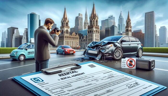 Individual documenting a damaged rental car with agreement and emergency contacts in an international city.