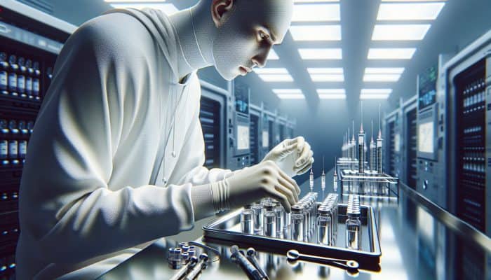 A person in a lab coat organising vials and syringes on a tray in a medical lab, preparing for a blood test.