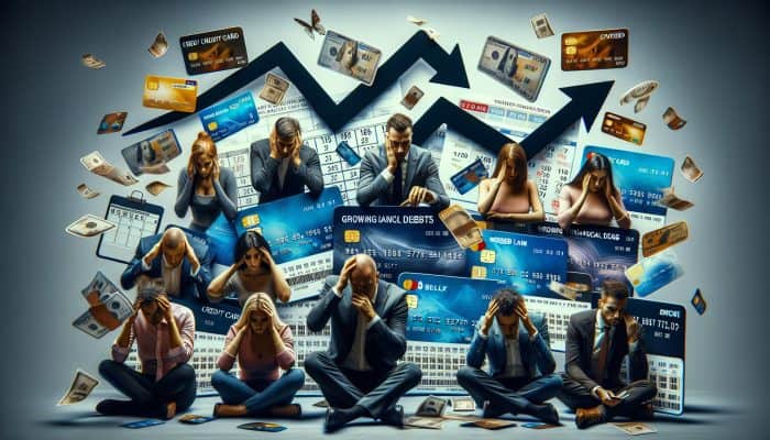 Can Debt Consolidation Fix a Bad Credit History: UK Guide | DCL Person overwhelmed by debt, new credit cards, bills, missed payments, declining credit score graph.