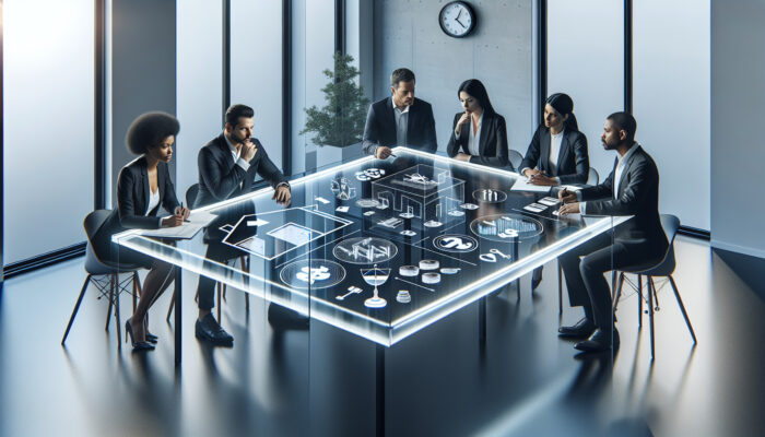 A group of property law experts discussing cost management and legal prioritization in a conference room.