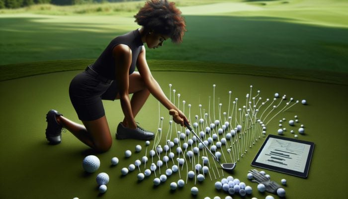 A golfer practicing grip and alignment on a green course, improving shot precision.