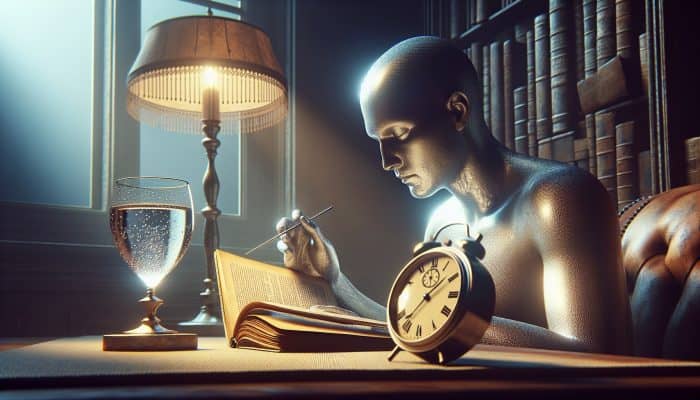 Person reading diabetes blood test preparation guide, with water and watch on table.