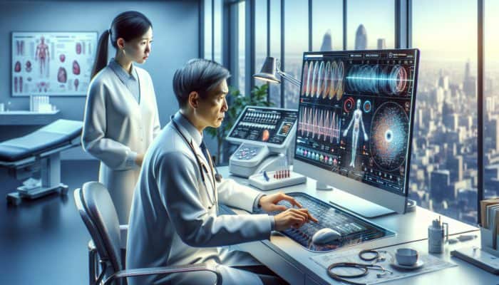 A doctor analysing blood and saliva test results on a computer, discussing hormonal imbalances with a patient in a clinic.