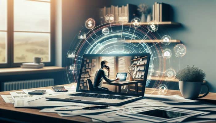 Professional Insights on the Relationship Between Remote Work and Debt Consolidation: UK Insights | DCL A person in a serene home office on a video call, surrounded by financial documents and a laptop showing debt consolidation charts.