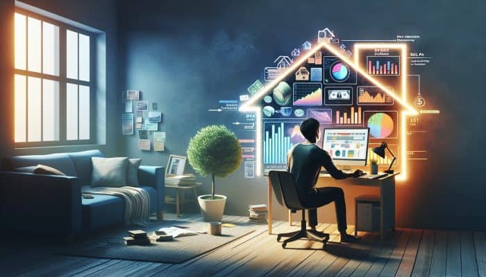 Investigating Emerging Trends in Remote Work and Their Financial Implications: UK Insights | DCL A person in a modern home office studying financial literacy online, surrounded by charts on remote work trends and debt consolidation.
