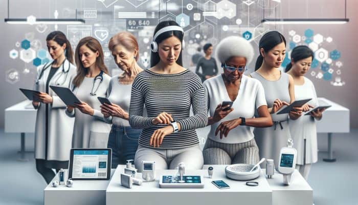 Diverse women using digital tools for remote consultations and personalized care in a modern health center.