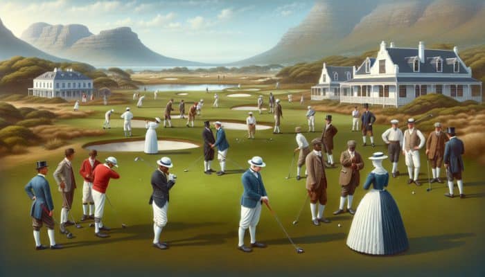 Golfers in 1885 attire playing at Cape Golf Club, Cape Town, showcasing colonial architecture and lush landscapes.