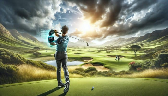 How to Use Golf Performance Trackers: Golfer using high-tech tracker on South African course to analyze swing and trajectory.