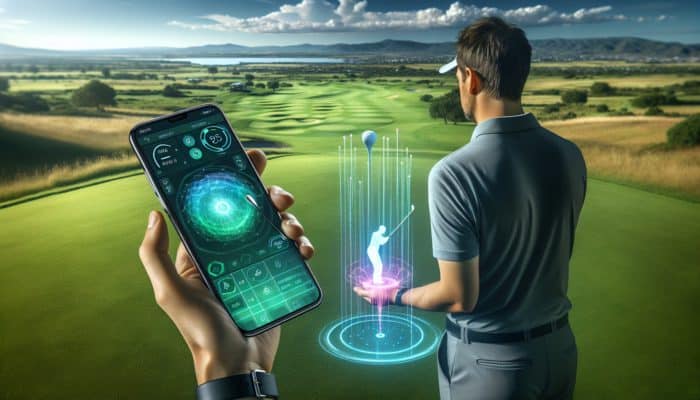 A golfer comparing a budget app on a smartphone with a mid-range GPS tracker on a green course.