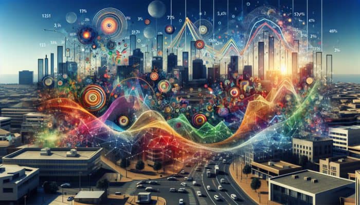 Colourful graphs of economic indicators influencing interest rates, with Randburg skyline in background.