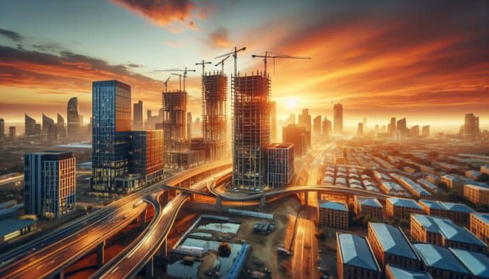 Aerial view of Randburg's skyline with modern buildings and cranes at sunset, symbolising property market growth.