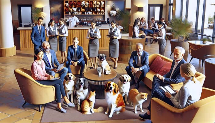 A warm hotel lobby with pets and staff providing pet-friendly amenities and advice.