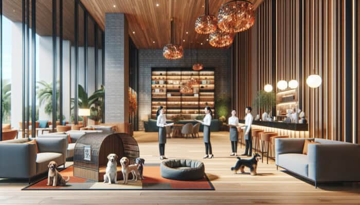 A welcoming hotel lobby featuring a pet-friendly area, complete with a pet spa and dog beds, while staff engage with guests and their pets.