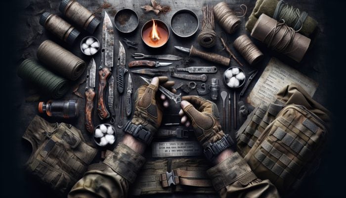 A survivalist crafting a multi-purpose knife in a forest, with fire starters and waterproof gear nearby.