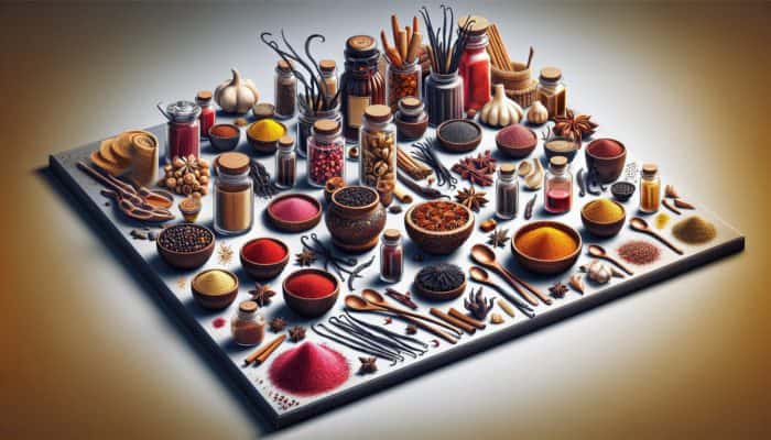 A stunning display of rare spices like saffron, vanilla beans, and black garlic in elegantly designed containers on a gourmet kitchen counter.