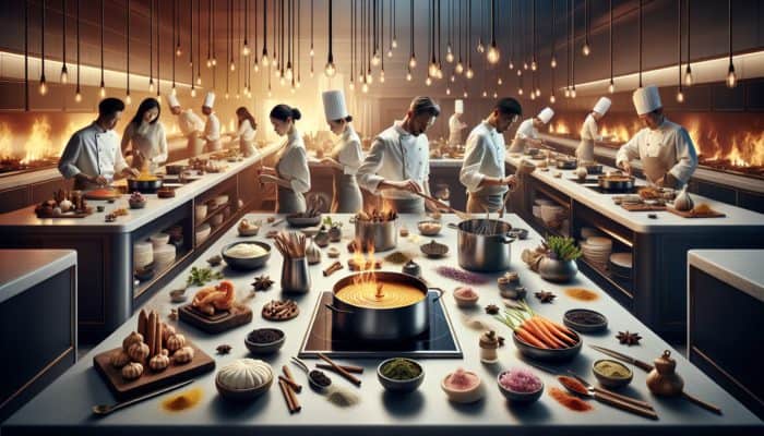 Chefs skillfully preparing gourmet dishes using rare spices such as saffron, cardamom, sumac, vanilla, and black garlic.