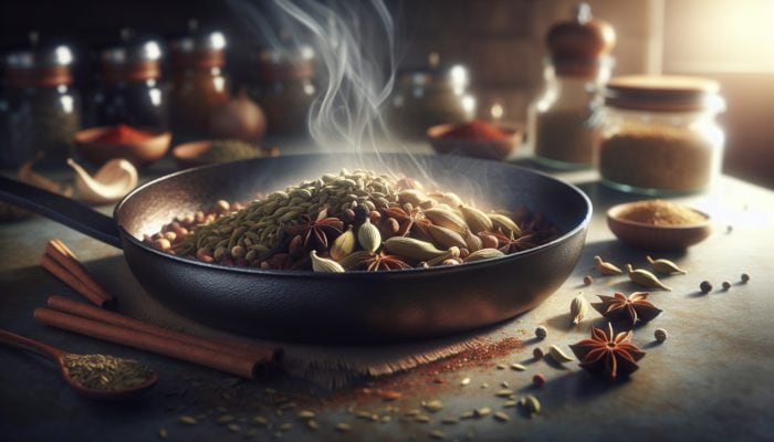 A close-up of cardamom and cumin being toasted in a skillet, releasing aromatic steam in a warm kitchen environment.