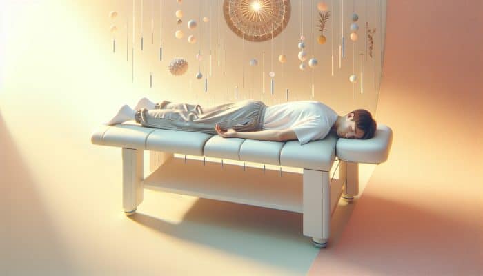 Tips for First-Time Acupuncture Patients: Person in acupuncture session wearing loose joggers and t-shirt, with arms and back exposed.