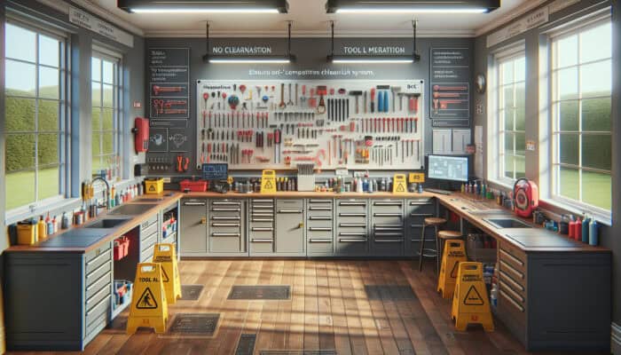 A UK clearance company's tool maintenance room with dual cleaning stations, weekly inspection charts, and hygiene checklists.
