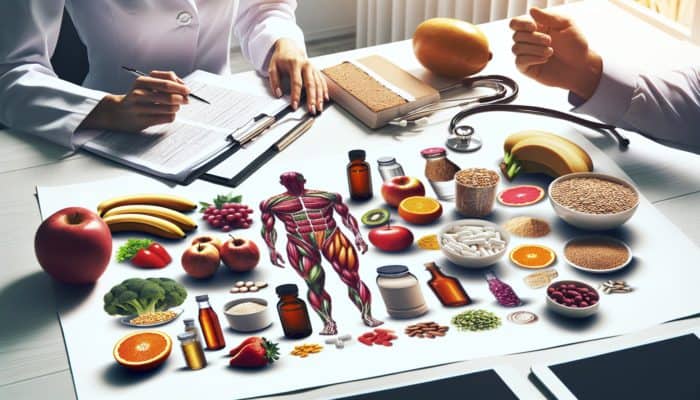 Person logging diet and supplements, consulting healthcare professional, maintaining balanced diet and hydration for glutamine management.