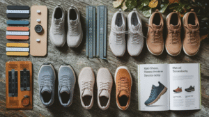 Overhead view of six pairs of casual shoes, including Xero Shoes, arranged in two rows on a wooden surface surrounded by measuring tools, colour swatches, a compass, and an open exploration guide featuring footwear photos and info.