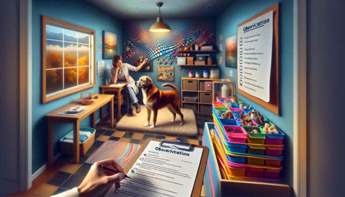 A pet owner organizing medical records and observing their rescue dog's behavior at home, with a vet's checklist.