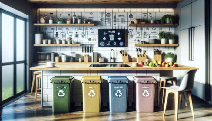 A contemporary UK kitchen showcasing colour-coded bins, a compost bin, a shredder, smart bins, and a waste sorting app displayed on a tablet.