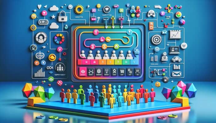 A vibrant digital interface with a leaderboard, rewards, and hosts engaged in playful competitions, enhancing loyalty through gamification.