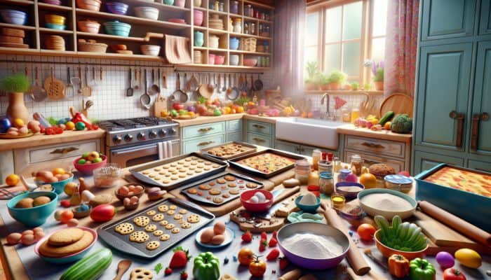 A kitchen scene featuring labeled baking sheets, ingredients, and utensils, all illuminated by warm lighting.