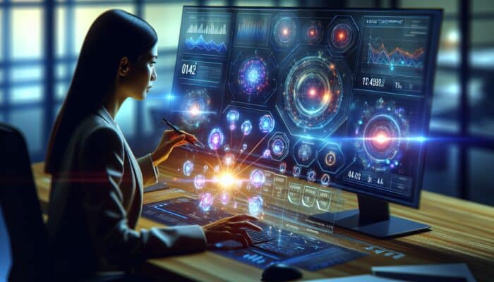 A digital dashboard in a modern office displaying increased SEO metrics post-video transcript implementation, analysed by an analyst.