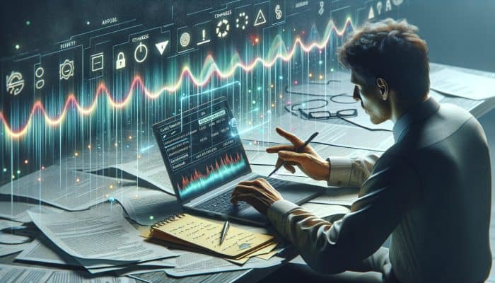 Individual configuring credit monitoring on a laptop with documentation, checklist, and notifications for new accounts and credit score changes.