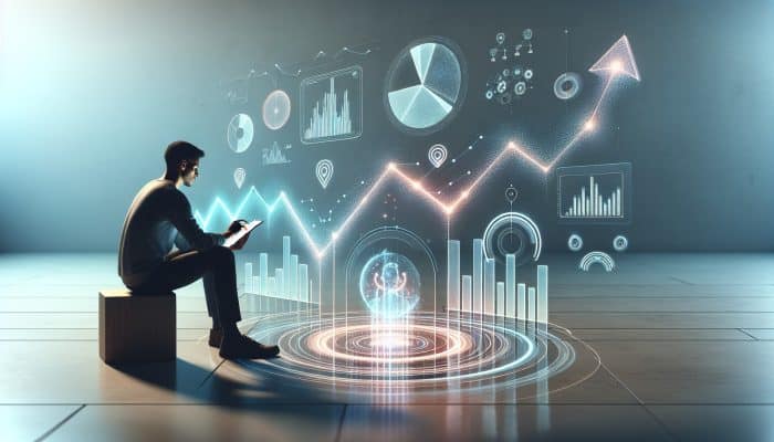 Individual monitoring credit score on a device, surrounded by financial graphs, focusing on the consolidation phase report.